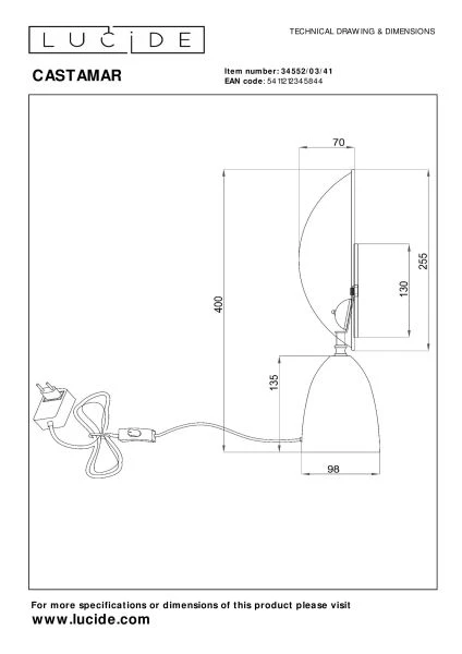 Lucide CASTAMAR - Tischlampe - Ø 25,5 cm - LED - 1x8W 2100K - Taupe - technisch